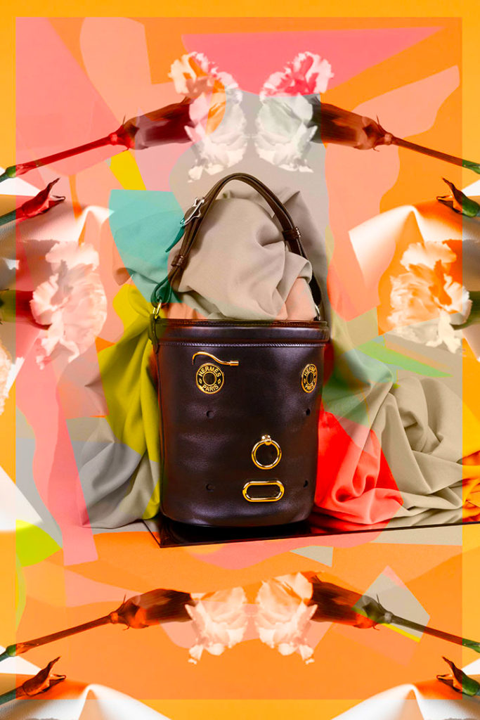 Maria Piessis designed this colorful, floral collage for Hermes Paris—featuring their black purse with gold accents.