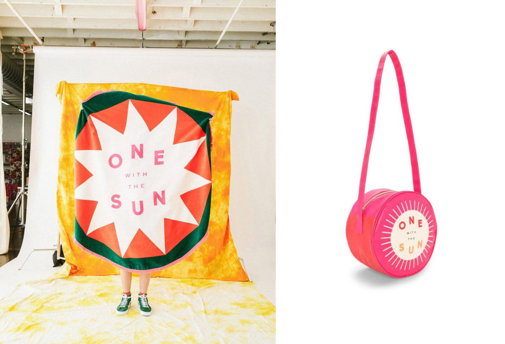 Side by side collage of "One With The Sun" products. Left, behind the scenes photoshoot of a round brand banner. At right, a round pink shoulder bag.