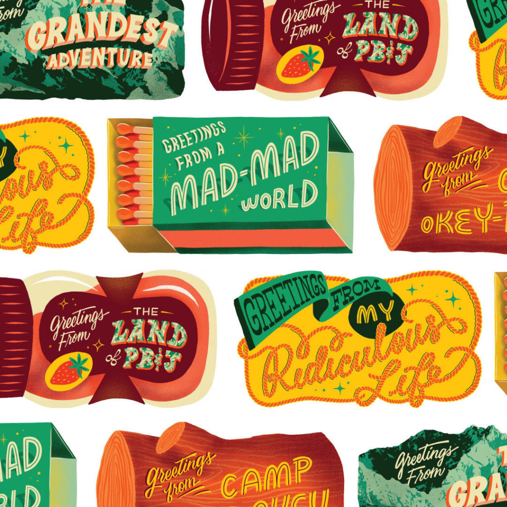 Playful postcards send "Greetings from..." humorous places. Lettering & illustrations of matchboxes, condiment jars and more by Whitney Anderson.